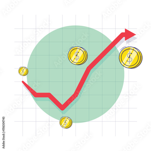 Draw cartoon illustration vector of gold coins and red chart for company business report or Annual income report