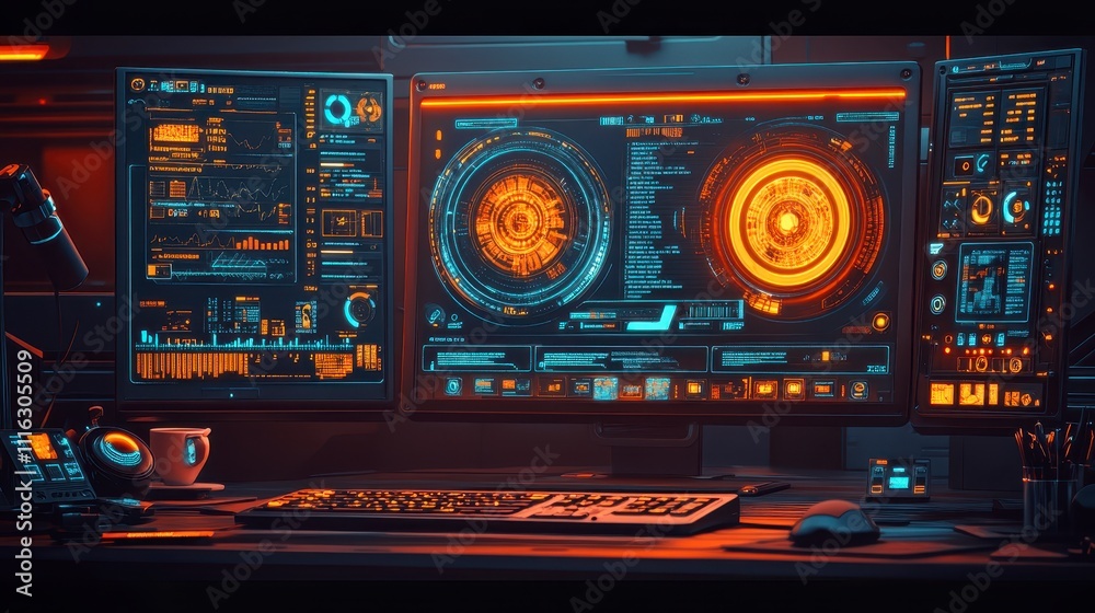 Obraz premium Futuristic Tech Workspace Orange Blue Digital Interface Monitors Desk Setup