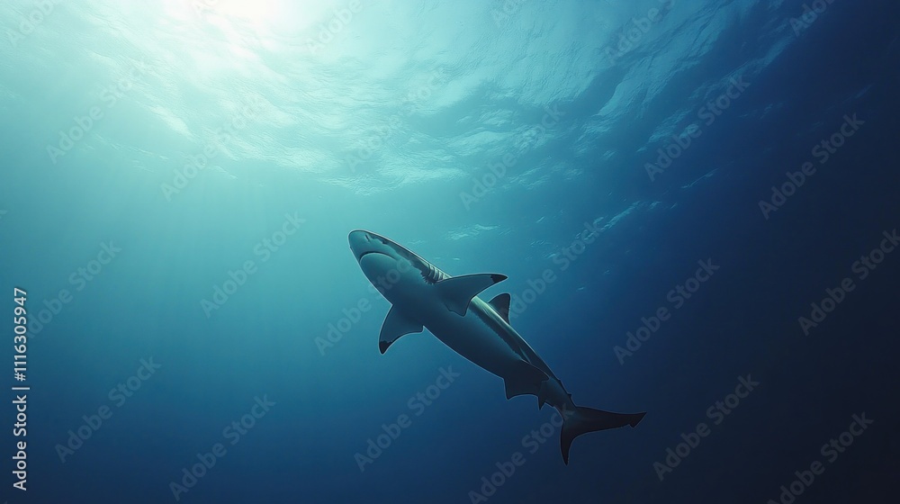 Fototapeta premium Shark Silhouette Against Blue Ocean Surface