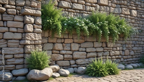 Fortress wall embrasure with weathered stones and plants, ancient building, weathered stones, historic site