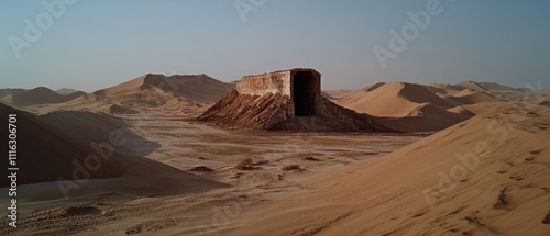An imposing structure emerges eerily from desert dunes, evoking mystery and history under a vast, clear sky.