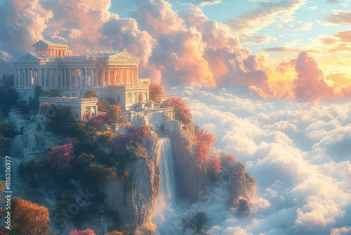 majestic fantasy palace set on mount olympus, surrounded by ethereal clouds and vibrant hues, evoking a sense of wonder and adventure in a mythical landscape
