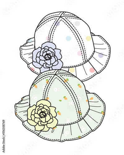 Baby hats vector template technical drawing.