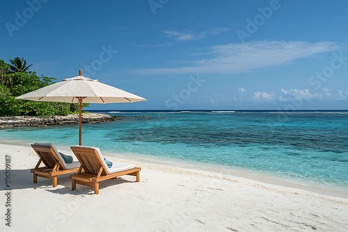 Tranquil Beach Scene Wooden Chairs and Umbrella