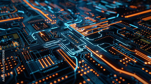 A close-up shot of an advanced circuit board with glowing lines and detailed components, highlighting the sophistication of modern technology. photo