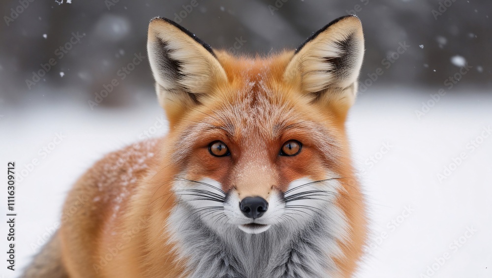 Fototapeta premium Fox, Red Fox, Snow, Winter, Cold, Wildlife, Animal, Mammal, Fur, Orange, White, Eyes, Nose, Whiskers, Ears, Nature, Outdoors, Wild, Forest, Fluffy, Cute, Adorable, Majestic, Graceful, Beautiful, Stunn
