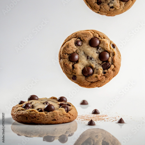 loating chocolate chip cookies against a white background photo