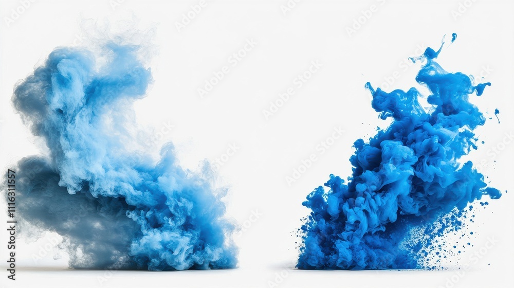 Fototapeta premium [Blue Smoke Art Composition Juxtaposition] Action-Packed Smoke Grenades Split-Screen: Dynamic Explosion & Moody Background