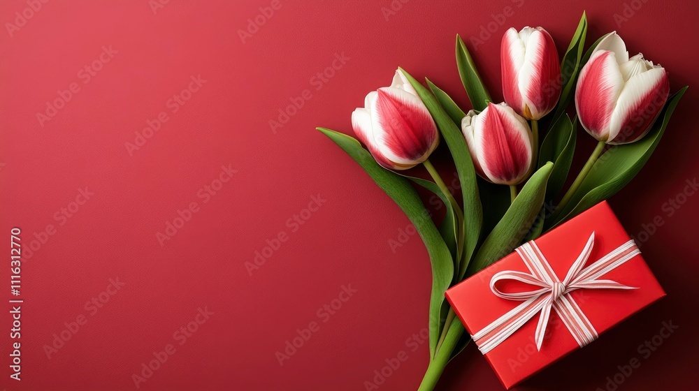 Fototapeta premium Red and White Tulips with Gift Box on Burgundy Background