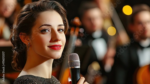 A classical singer holding a microphone with a symphony orchestra in the background photo