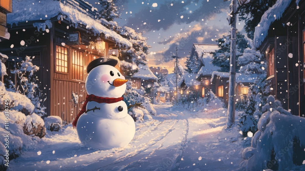 Fototapeta premium Snowy Village with Snowman