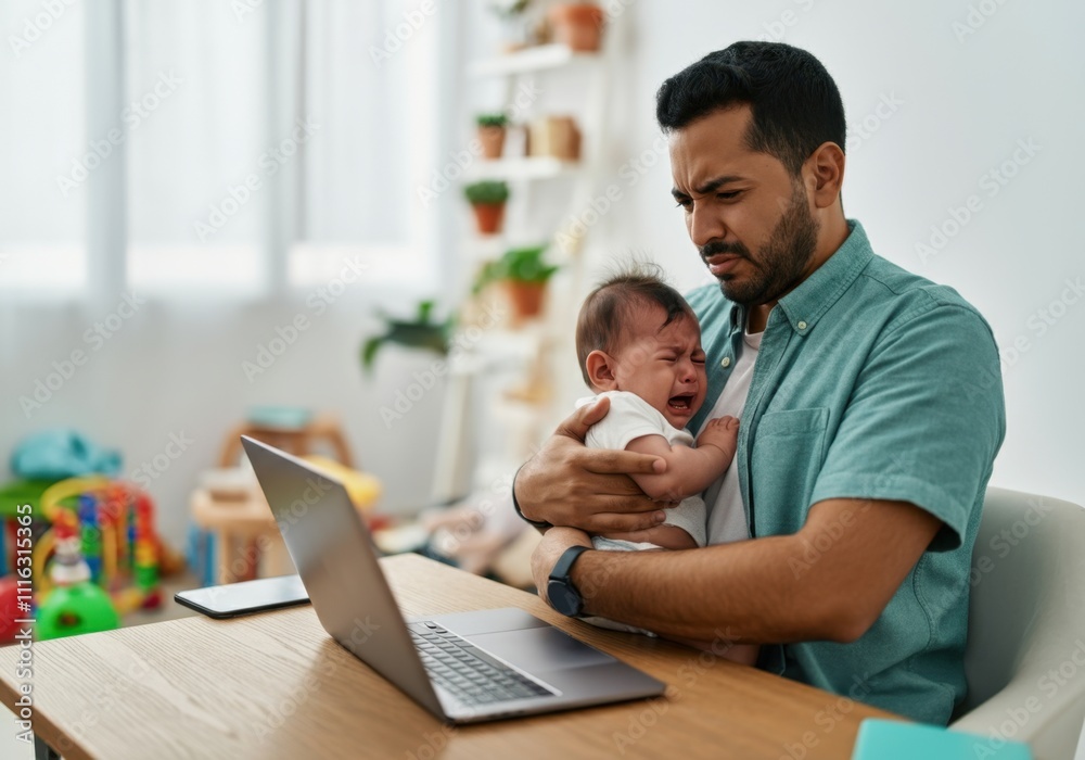 Young father struggling to work from home while holding his crying baby Young father struggling to work from home while holding his crying baby