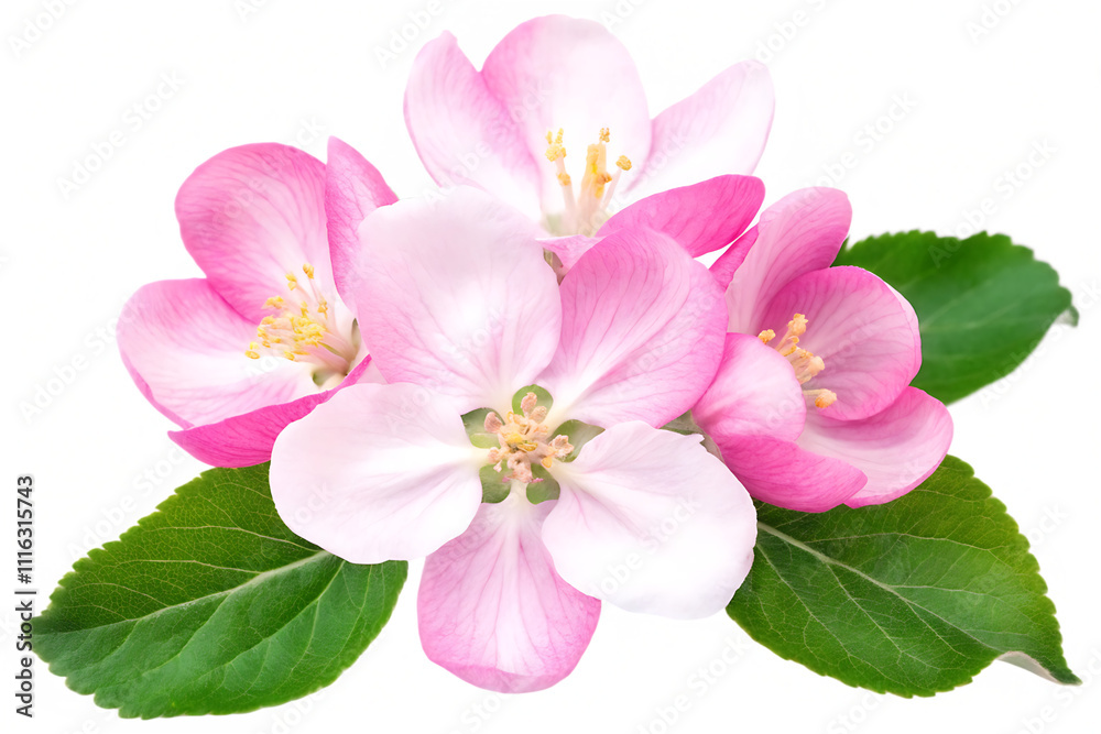 Naklejka premium Apple tree blossoms with green leaves PNG,Spring flowers head isolated on white background.AI GENERATED