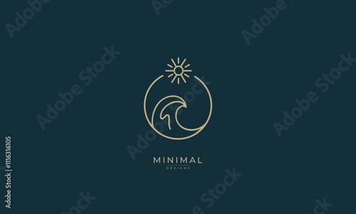 Minimalist Beach Logo with Serene Waves and Sun Elements