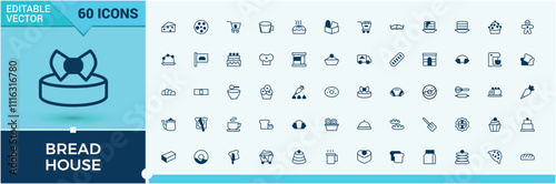 Bread House linear icon collection. Featuring break, cafe, sweet, roll, pastry, bread and more. Outline icon collections. Editable vector icon and illustration.