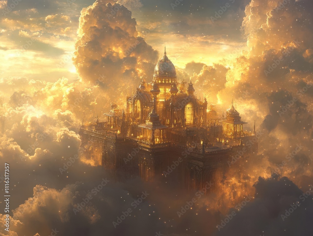 Fototapeta premium Illustrate a celestial floating temple, glimmering in golden and silver hues among soft clouds Emphasize spiritual ascension with intricate details and ethereal light