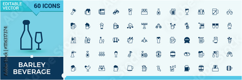 Barley Beverage icon collection. Containing color, bottle, bar, gin tonic, vector, shot, snacks, drinks. Collection for mobile and web apps. Editable vector outline and solid icons.