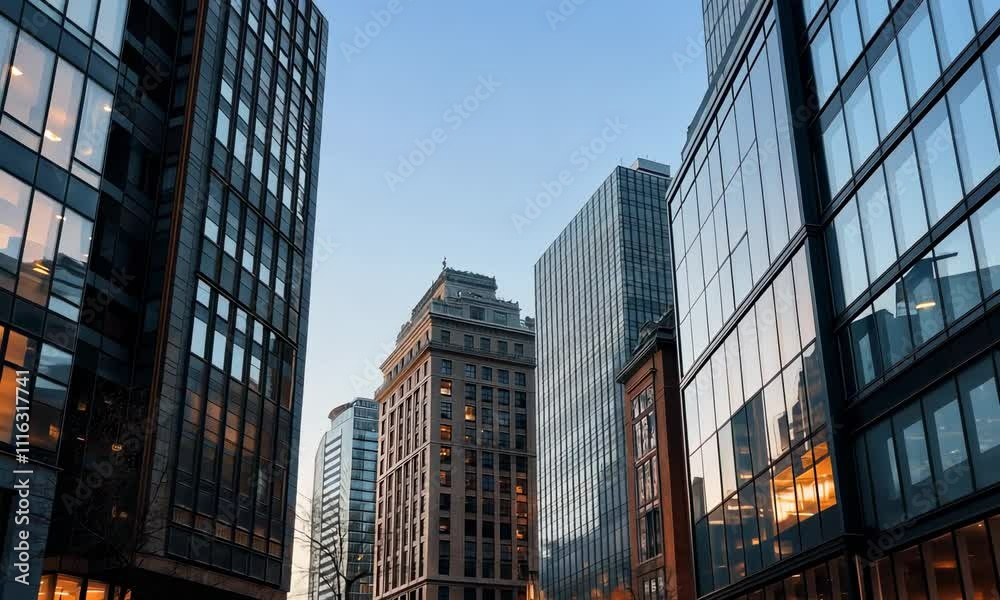 Cityscape with modern and historic high-rise buildings reflecting evening light in an urban business district. Cityscape with modern and historic high-rise buildings reflecting evening light in an urban business district.