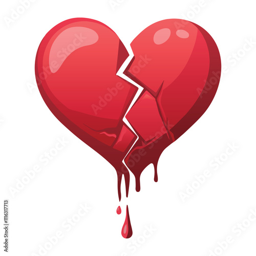 Broken red heart dripping blood vector art icon