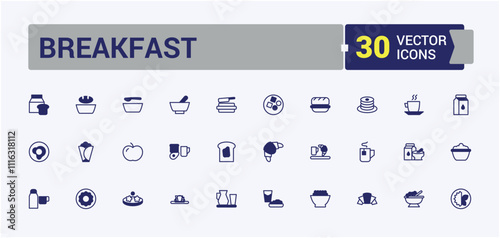 Breakfast icons set in line style. Includes thin line outline, set, sweet, symbol, eating, splash and more. Modern thin icons. Editable vector outline and solid icons.