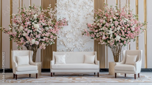 A stylish interior scene featuring elegant seating flanked by large floral arrangements, creating a sophisticated and inviting atmosphere.