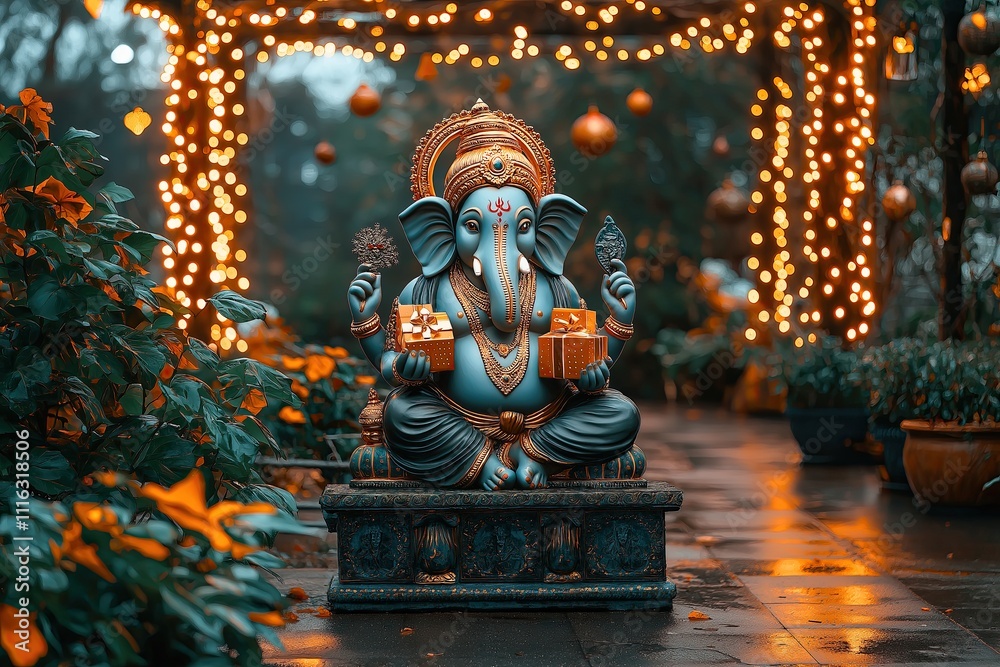 Fototapeta premium Magical Ganesha with Christmas Lights and Vibrant Indian Colors.