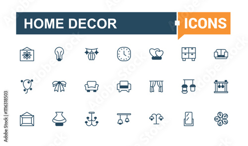 Home Decor linear icon collection. Related to room, house, table, bedroom, plant, bed, kitchen, interior. Solid line editable stroke. Vector line and solid icons.