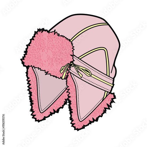 Baby kids fur trapper hats technical flat drawing vector mockup template.
