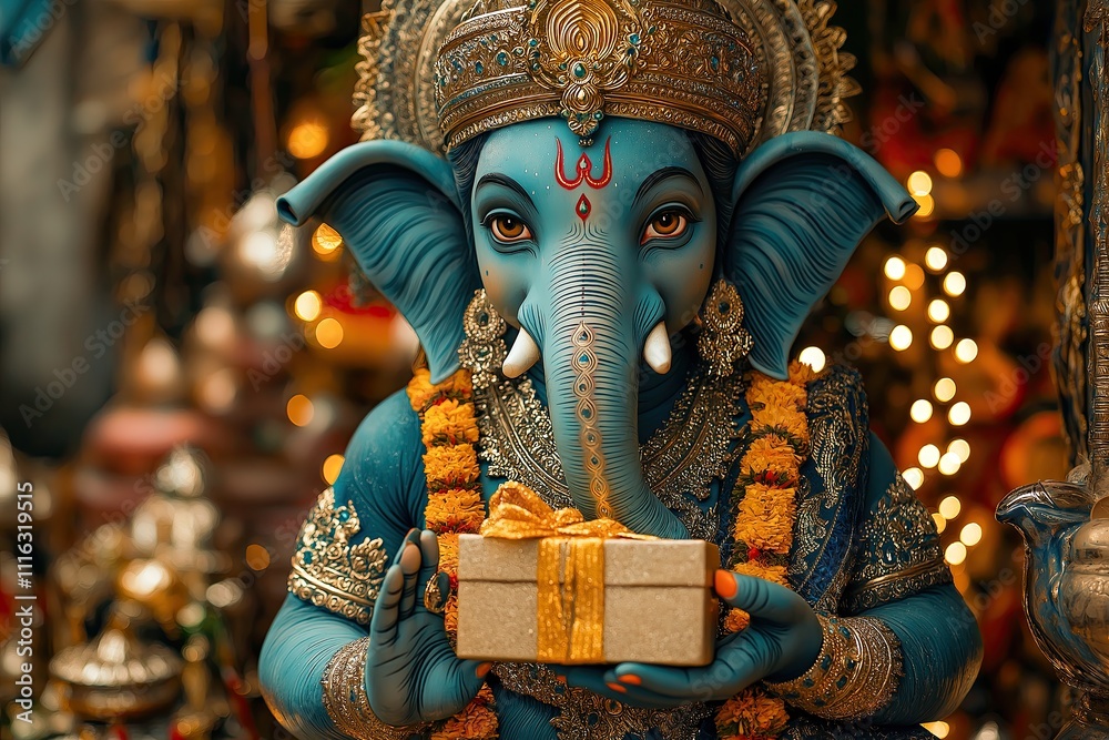 Fototapeta premium Magical Ganesha with Christmas Lights and Vibrant Indian Colors.