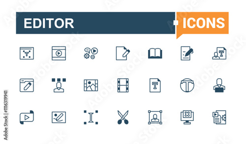 Editor icon set. Contains related to interface, adjust, ui, write, media, align and more. Collection for mobile and web apps. Vector illustration in modern line style.