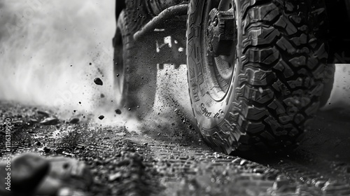 Dynamic close-up of a rugged tire splashing dirt in a dramatic black and white scene.