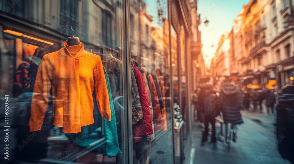 Naklejka premium Urban Fashion Store Window Display Autumn Clothes City Street