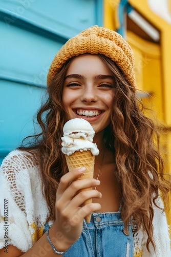girl eating ice cream and smiling