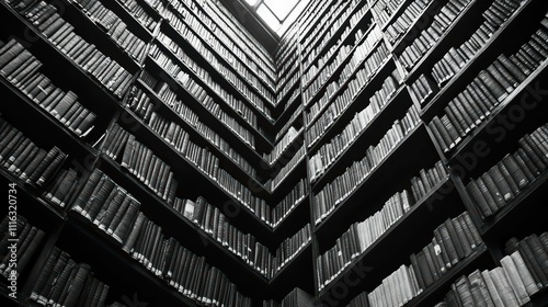 A towering library filled with rows of books in monochrome tones.