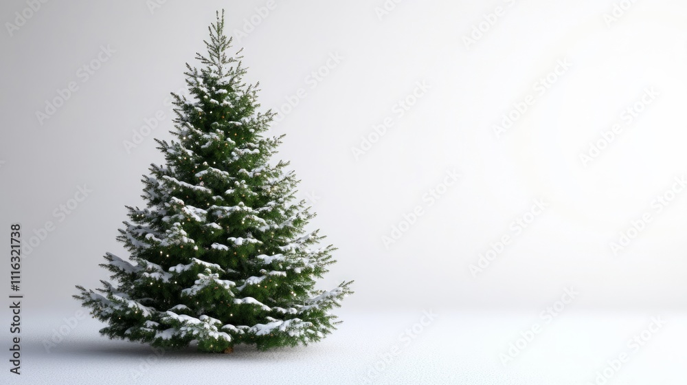 Snowy Christmas tree with lights on white background. Snowy Christmas tree with lights on white background.