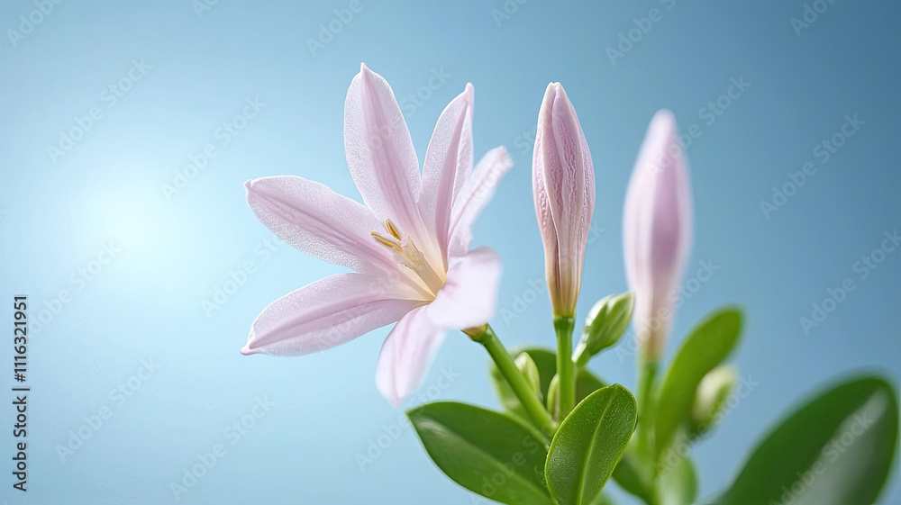 Obraz premium Pink lily flowers with green leaves against blue sky
