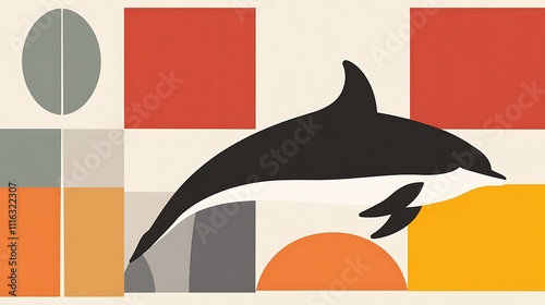 Abstract Geometric Artwork Featuring a Dolphin Leaping Through Colorful Shapes photo