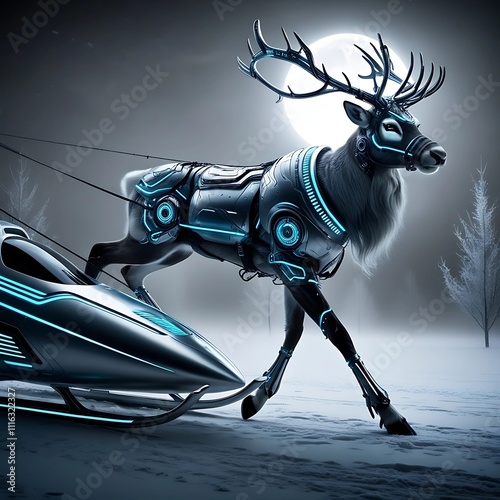 Reindeer in biomechanical armor with glowing elements, pulling a sleek, futuristic sleigh photo