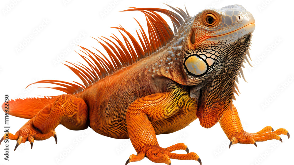 Naklejka premium Vivid Orange Iguana: Close-Up of a Colorful, Exotic Reptile with Detailed Scales in Its Natural Tropical Habitat – Fascinating Wildlife Photography of a Unique Creature