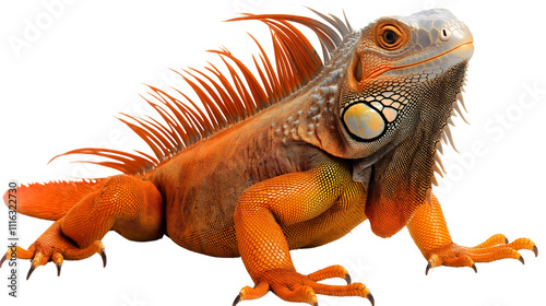 Vivid Orange Iguana: Close-Up of a Colorful, Exotic Reptile with Detailed Scales in Its Natural Tropical Habitat – Fascinating Wildlife Photography of a Unique Creature