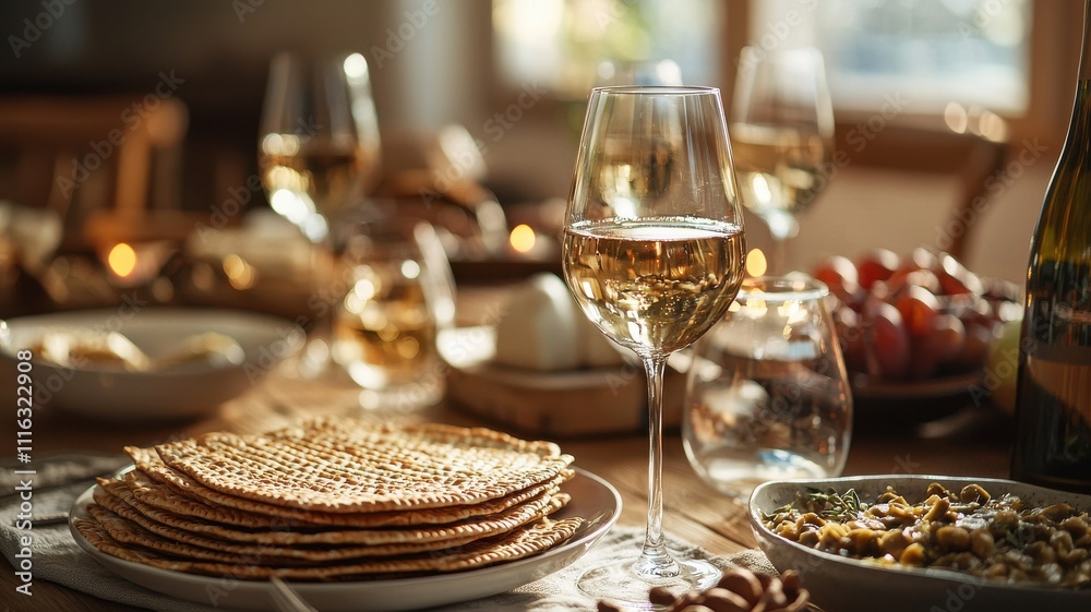 Fototapeta premium Passover Table with Wine and Matzah Stack