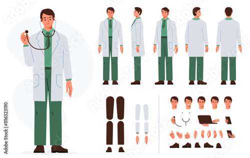 Male doctor, medical worker or therapist in hospital. Character constructor for animation. Front, side and back view set. Body parts, postures, poses collection. Vector illustration.