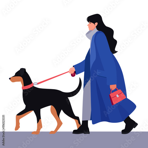Woman Walking Dog in Winter Coat, Flat Vector Illustration