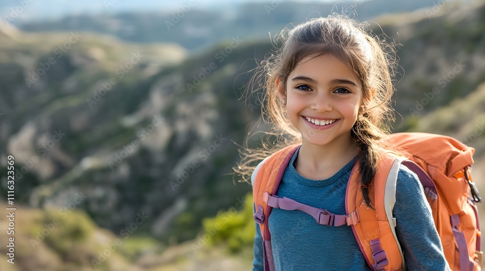 Young girl walking on mountain top with backpack smiling towards the camera Young girl walking on mountain top with backpack smiling towards the camera