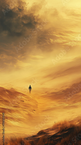 Phone wallpaper: one figure walking up the hill, surrounded by vast desert dunes under an orange and yellow sky. The scene captures solitude in nature.