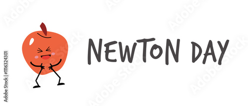 Newton Day greeting card or banner for science holiday. Flat design with funny apple