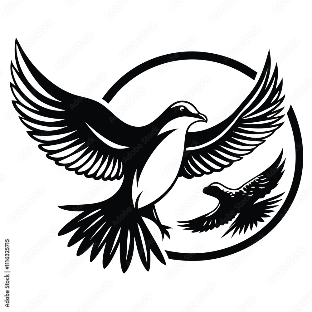 Fototapeta premium black-and-white vector silhouette combining a fulmar bird flying