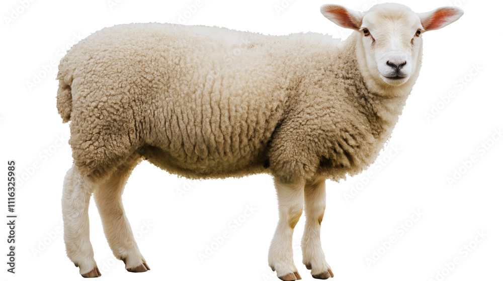 Obraz premium Fluffy Sheep on Pasture: Cute, Woolly Farm Animal Grazing in a Peaceful Pastoral Scene, Captured in Animal Photography with a Focus on Rural Life and Agriculture