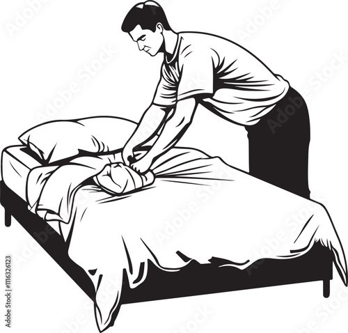 man tidying up the bed sheets