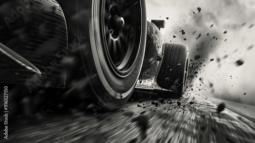 Dynamic close-up of a racing car tire kicking up dirt and debris.